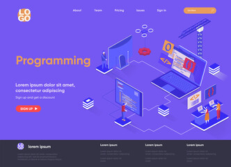 Programming isometric landing page. Full stack software development, engineering, programming isometry concept. Outsourcing company service flat web page. Vector illustration with people characters.