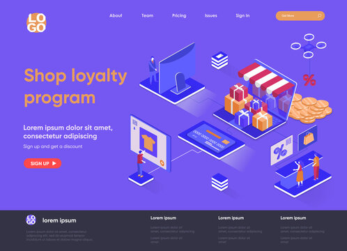 Shop loyalty program isometric landing page. Marketing strategy of attracting and retaining customers isometry concept. Online retail loyalty flat web page. Vector illustration with people characters.
