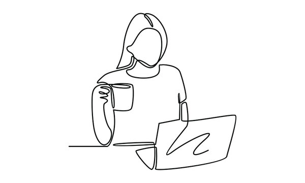 recommend clip art: Continue line of woman working with laptop illustration