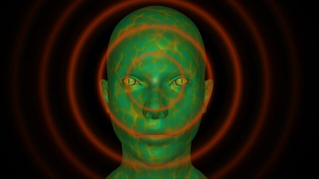 Extraterrestrial Species Reptiloid , reptoid alien being sends telepathic signals concentric circles expanding outward.  Hypnotic eyes. .  Reptillians mind control . 3d animation rendering