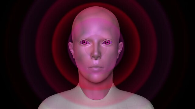 Extraterrestrial Species Nordic Alien being sends telepathic signals concentric circles expanding outward . Hypnotic eyes. 3d animation rendering