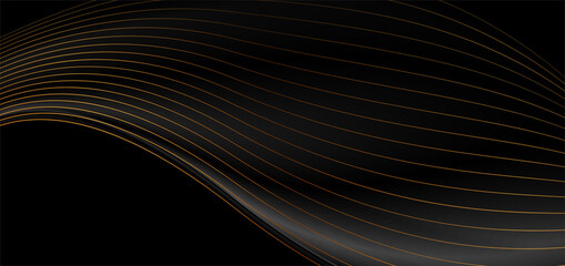 Black abstract tech luxury waves background with golden lines. Vector illustration