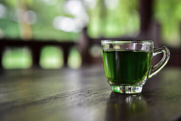 a glass of hot green tea on wooden table with blur bright green nature