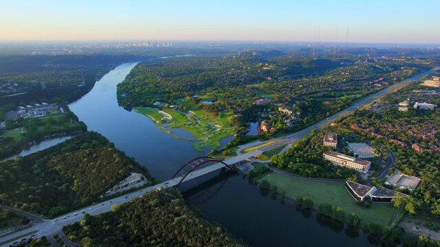 Wide Aerial Drone footage of Pennybacker Bridge in Austin Texas