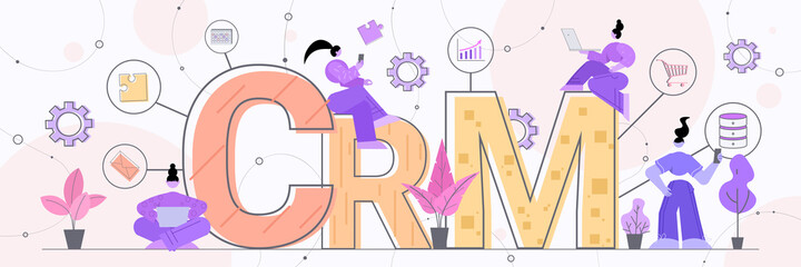 businesswomen using laptops client support CRM Customer Relationship Management concept horizontal full length vector illustration