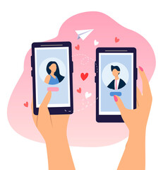 vector hand drawn illustration on the topic of online dating. a guy and a girl on the screens of smartphones. dating apps. trend illustration in flat style 