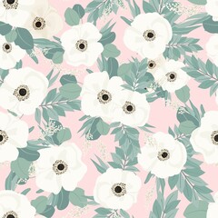 Seamless pattern. Set of bouquets of beautiful spring flowers. White flowers, leaves and branches. Flat isolated vector illustration.