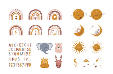 Set of boho elements rainbows, planets, moons, suns, animals. Cute hand drawn alphabet. Characters for nursery posters, cards, home decor, wallpaper. Vector illustration in flat cartoon style. © KeronnArt