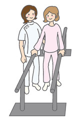 平行棒で歩行練習をする女性とセラピスト