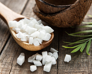 Dried sweet coconut cubes  in spoon
