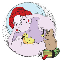 Troll feasts on cheese with a mouse