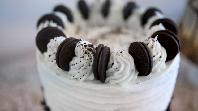 Oreo Cookies and Cream Delicious Frosted Cake - Closeup