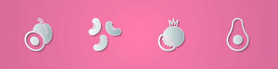 Set paper cut Plum fruit, Beans, Tomato and Avocado icon. Paper art style. Vector