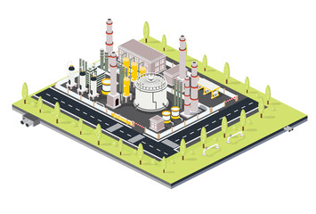 Isometric Refinery Plant with Tubes. Oil Petroleum industrial Zone with Infrastructure Elements.