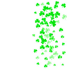 St patricks day background with shamrock. Lucky trefoil confetti. Glitter frame of clover leaves. Template for party invite, retail offer and ad. Decorative st patricks day backdrop.