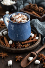 Composition with mug of  hot chocolate and spices on wooden table