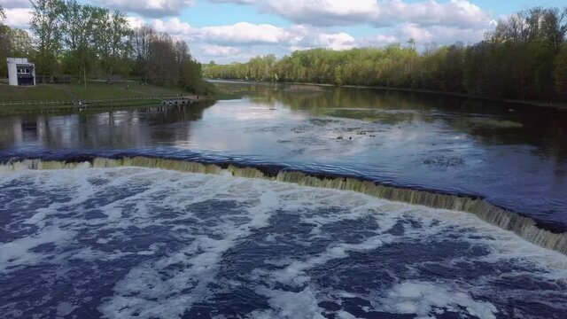 Flying Fish at Ventas Rumba Waterfall. The Widest Waterfall in Europe in Latvia Kuldiga Also Called Goldingen on River Venta. Aerial Dron Shot