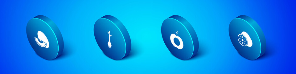 Set Isometric Melon fruit, Peach, Kiwi and Fresh green onions icon. Vector