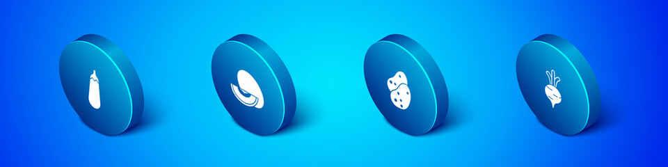 Set Isometric Eggplant, Potato, Beet and Melon fruit icon. Vector