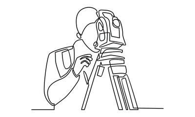 Continue line of construction worker holding dslr camera vector illustration