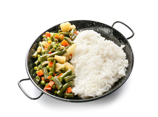 Frying pan with cooked vegetables and rice on white background