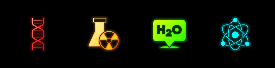Set DNA symbol, Test tube radiation, Chemical formula for H2O and Atom icon. Vector