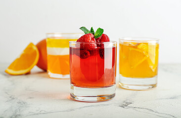 Glasses of tasty jelly on light background
