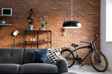 Interior of modern living room with bicycle