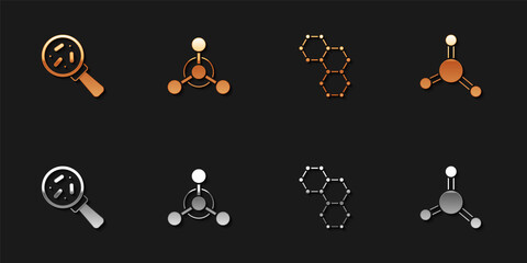 Set Microorganisms under magnifier, Molecule, Chemical formula and icon. Vector