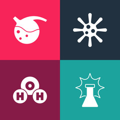 Set pop art Chemical explosion, formula for H2O, Bacteria and Test tube and flask icon. Vector