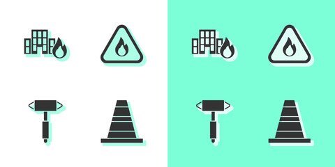 Obraz premium Set Traffic cone, Fire in burning buildings, Firefighter axe and flame triangle icon. Vector