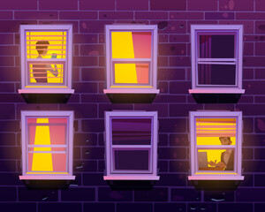People in windows, private life in apartments, neighbors spend time with gadgets. Businessman work on laptop, boy use smartphone in home interior with glow light at evening Cartoon vector illustration