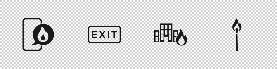 Fototapeta premium Set Phone with emergency call 911, Fire exit, in burning buildings and Burning match fire icon. Vector