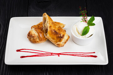 Apple strudel with vanilla ice cream