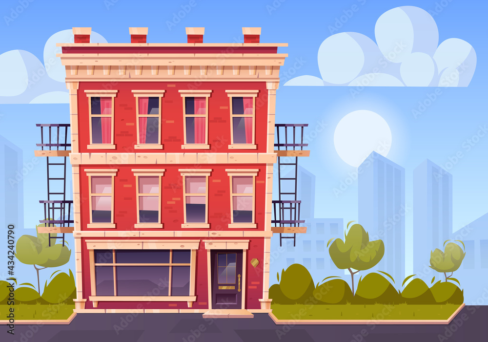 Wall mural Old brick house with fire escape and shop on city street. Residential building with ladder outside, apartments and store showcase. Vector cartoon town landscape with retro house facade