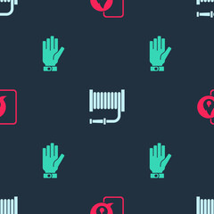 Obraz premium Set Phone with emergency call 911, Fire hose reel and Firefighter gloves on seamless pattern. Vector