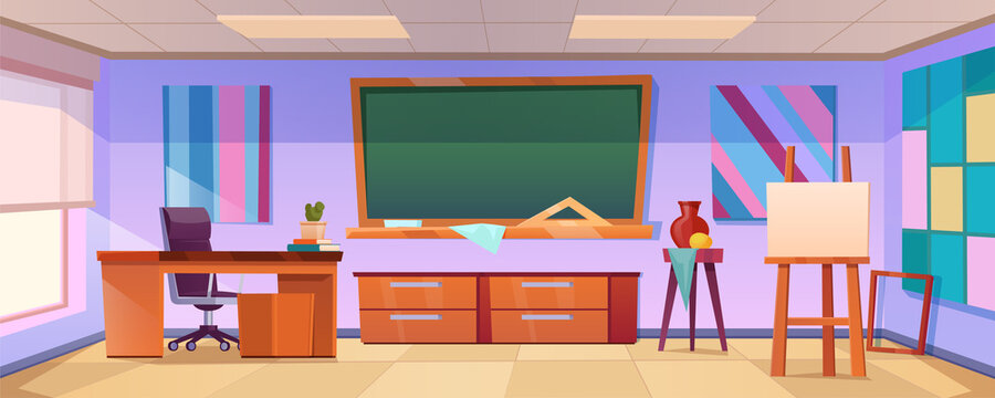 Art classroom with easel, chalkboard, paintings on wall and teacher desk. Vector cartoon illustration of empty school class interior with artist equipment for education children to draw