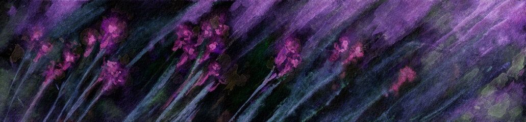 Nature floral banner template. Beautiful night meadow landscape. Abstract Pink flowers on dark purple background. Watercolor painting on textured paper.