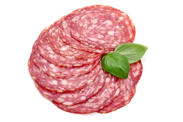 Italian Salami sausage slices, isolated on white background. High resolution image