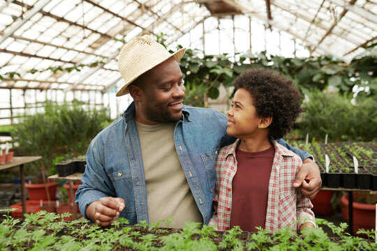 African man embracing child and talking to him during planting seedlings in greenhouse