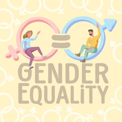 Vector illustration with characters man and woman on the theme of gender equality, flat.
