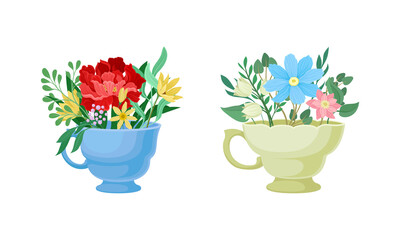 Bouquet of Blooming Flowers in Ceramic Vase with Handle Vector Set