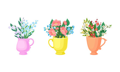 Bouquet of Blooming Flowers in Ceramic Vase with Handle Vector Set
