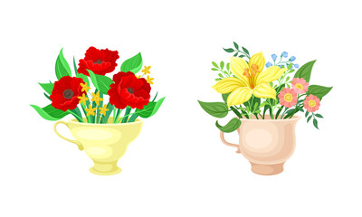 Bouquet of Blooming Flowers in Ceramic Vase with Handle Vector Set
