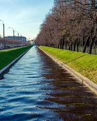 Spring Park. Lake in the spring park. Spring landscape.