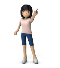 目標を指さす若い女性。白バック。3Dレンダリング。