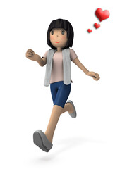 楽しそうにランニングを楽しむ若い女性。白バック。3Dレンダリング。