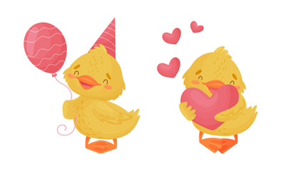 Cute Yellow Duckling Holding Balloon and Heart Vector Set