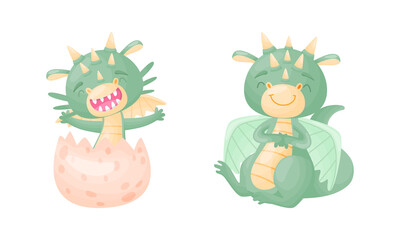 Cute Dragons as Horned and Winged Four-legged Creature from Fairytale Vector Set