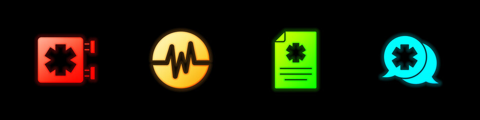 Set Medical symbol of the Emergency, Heart rate, Clinical record and Dialogue with doctor icon. Vector